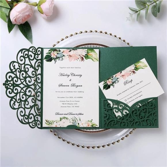 5.12 x 7.2 Emerald Green Invitation Cards, Trifold laser cut invitations Wedding - Picture 2 of 6